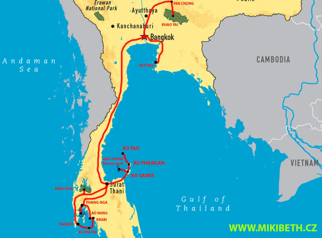 Mapa jižního Thajska — trasa cesty