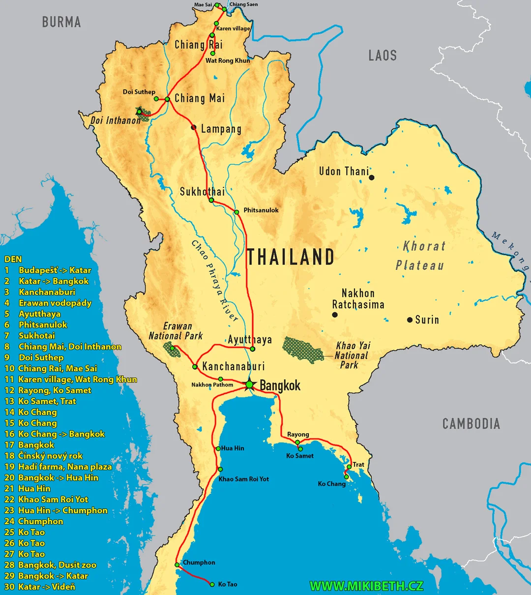 Mapa severního Thajska — trasa cesty